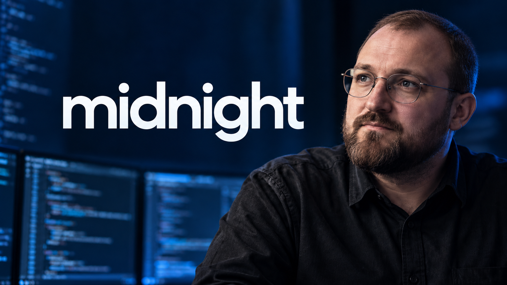KI-generierte Darstellung von Charles Hoskinson neben dem Midnight-Schriftzug vor blauen Programmierbildschirmen.