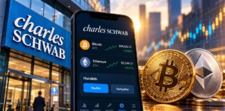 Charles Schwab startet Krypto-Handel mit Bitcoin und Ethereum – Smartphone mit Schwab-Crypto-Plattform und Kryptowährungen im Vordergrund.