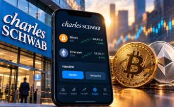 Charles Schwab startet Krypto-Handel mit Bitcoin und Ethereum – Smartphone mit Schwab-Crypto-Plattform und Kryptowährungen im Vordergrund.