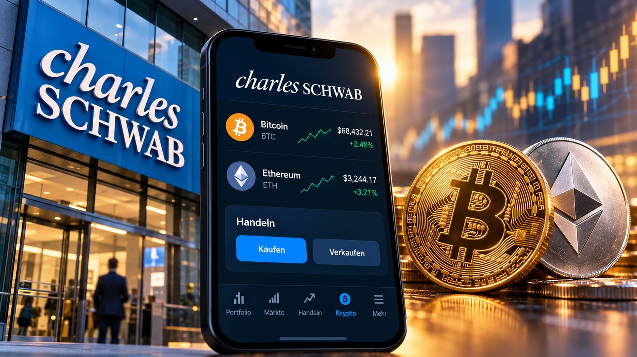 Charles Schwab startet Krypto-Handel mit Bitcoin und Ethereum – Smartphone mit Schwab-Crypto-Plattform und Kryptowährungen im Vordergrund.
