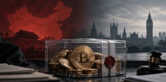 China will 61.800 Bitcoin aus Milliardenbetrug beschlagnahmen Versiegelte Bitcoin-Münzen vor chinesischer Flagge und Londoner Skyline als Symbol für den Streit um 61.896 Bitcoin