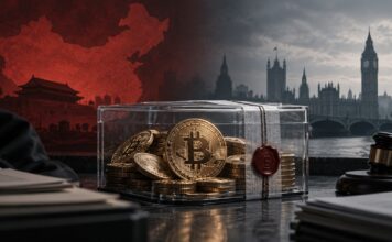 China will 61.800 Bitcoin aus Milliardenbetrug beschlagnahmen Versiegelte Bitcoin-Münzen vor chinesischer Flagge und Londoner Skyline als Symbol für den Streit um 61.896 Bitcoin