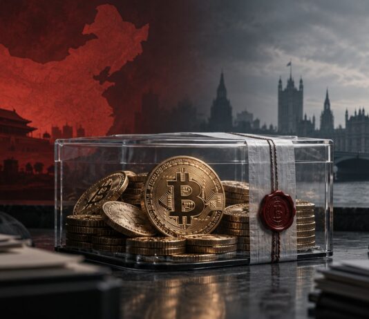 Versiegelte Bitcoin-Münzen vor chinesischer Flagge und Londoner Skyline als Symbol für den Streit um 61.896 Bitcoin