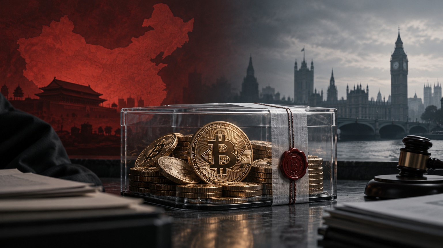 Versiegelte Bitcoin-Münzen vor chinesischer Flagge und Londoner Skyline als Symbol für den Streit um 61.896 Bitcoin