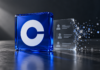 Blaues Coinbase-Symbol neben einer transparenten Kontaktdatei, die sich am Rand in einzelne Partikel auflöst.