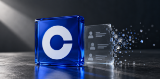 Coinbase wehrt sich gegen Hack-Vorwürfe, USDT-Umtausch in zwei Tagen Blaues Coinbase-Symbol neben einer transparenten Kontaktdatei, die sich am Rand in einzelne Partikel auflöst.