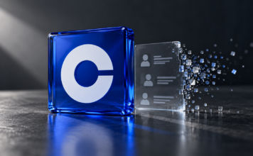 Coinbase wehrt sich gegen Hack-Vorwürfe, USDT-Umtausch in zwei Tagen Blaues Coinbase-Symbol neben einer transparenten Kontaktdatei, die sich am Rand in einzelne Partikel auflöst.