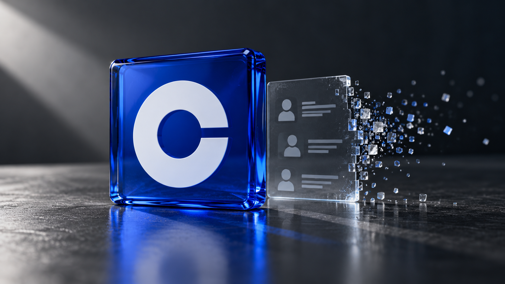 Blaues Coinbase-Symbol neben einer transparenten Kontaktdatei, die sich am Rand in einzelne Partikel auflöst.
