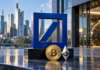 Großes blaues Deutsche-Bank-Logo mit Bitcoin-Münze und Ethereum-Symbol vor der Frankfurter Skyline.