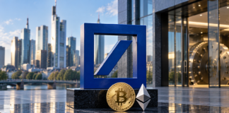 Großes blaues Deutsche-Bank-Logo mit Bitcoin-Münze und Ethereum-Symbol vor der Frankfurter Skyline.