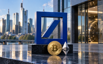 Großes blaues Deutsche-Bank-Logo mit Bitcoin-Münze und Ethereum-Symbol vor der Frankfurter Skyline.