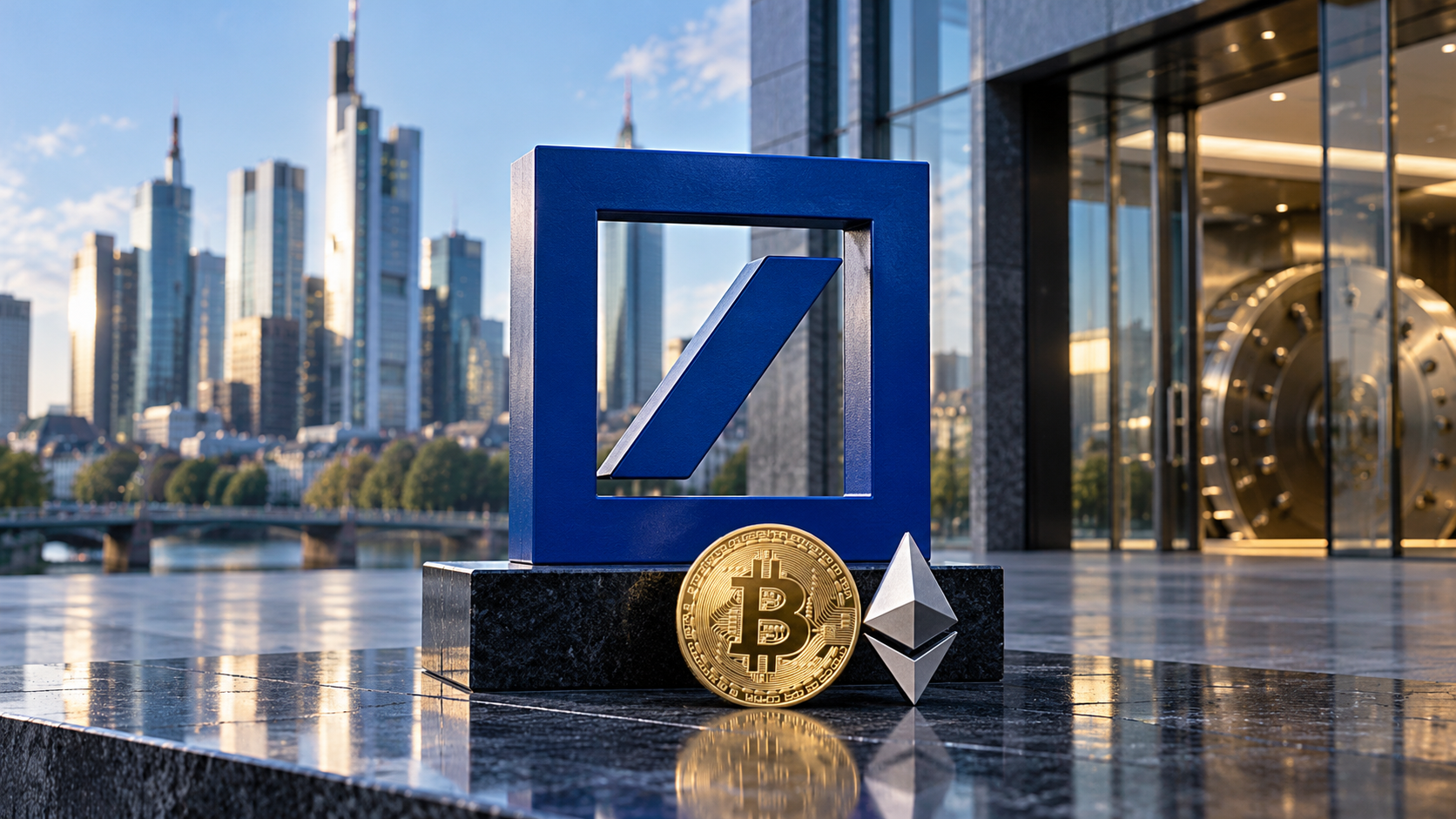 Großes blaues Deutsche-Bank-Logo mit Bitcoin-Münze und Ethereum-Symbol vor der Frankfurter Skyline.