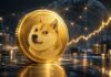 Goldene Dogecoin-Münze vor einem digitalen Finanznetzwerk mit steigender Kursgrafik im Hintergrund