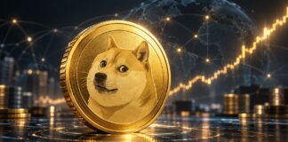 Goldene Dogecoin-Münze vor einem digitalen Finanznetzwerk mit steigender Kursgrafik im Hintergrund