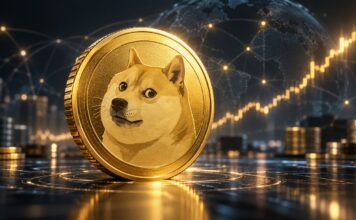 Goldene Dogecoin-Münze vor einem digitalen Finanznetzwerk mit steigender Kursgrafik im Hintergrund