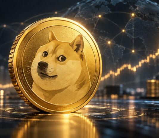 Goldene Dogecoin-Münze vor einem digitalen Finanznetzwerk mit steigender Kursgrafik im Hintergrund