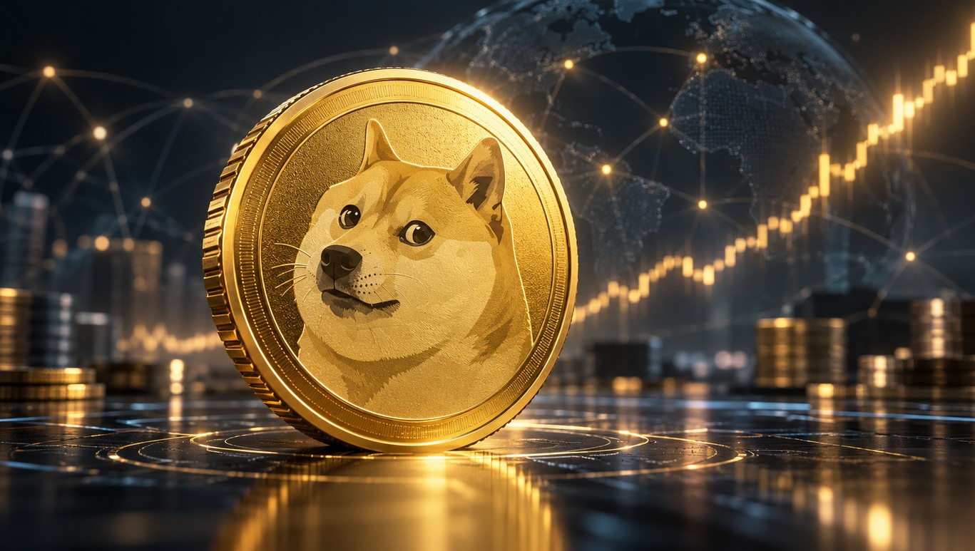 Goldene Dogecoin-Münze vor einem digitalen Finanznetzwerk mit steigender Kursgrafik im Hintergrund