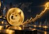 Dogecoin (DOGE) mit steigendem Kurschart und symbolischer 1-Dollar-Marke im Hintergrund