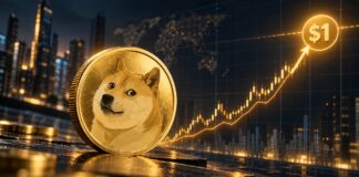 Dogecoin (DOGE) mit steigendem Kurschart und symbolischer 1-Dollar-Marke im Hintergrund