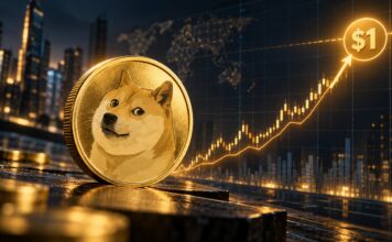Dogecoin (DOGE) mit steigendem Kurschart und symbolischer 1-Dollar-Marke im Hintergrund