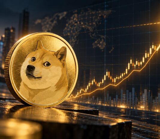 Dogecoin (DOGE) mit steigendem Kurschart und symbolischer 1-Dollar-Marke im Hintergrund