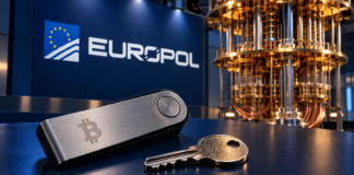 Bitcoin-Hardware-Wallet und metallischer Schlüssel vor einem Quantencomputer und einem Europol-Logo.