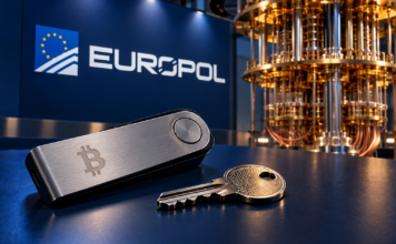 Bitcoin-Hardware-Wallet und metallischer Schlüssel vor einem Quantencomputer und einem Europol-Logo.