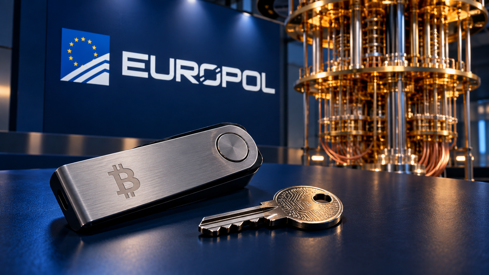 Bitcoin-Hardware-Wallet und metallischer Schlüssel vor einem Quantencomputer und einem Europol-Logo.