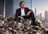 CEO von Evernorth sitzt im Anzug auf einem riesigen Stapel von XRP-Münzen vor moderner Skyline – symbolische Darstellung eines wachsenden XRP-Treasurys.