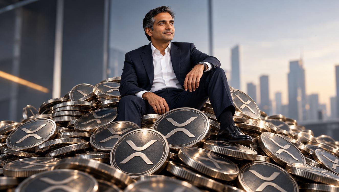 CEO von Evernorth sitzt im Anzug auf einem riesigen Stapel von XRP-Münzen vor moderner Skyline – symbolische Darstellung eines wachsenden XRP-Treasurys.