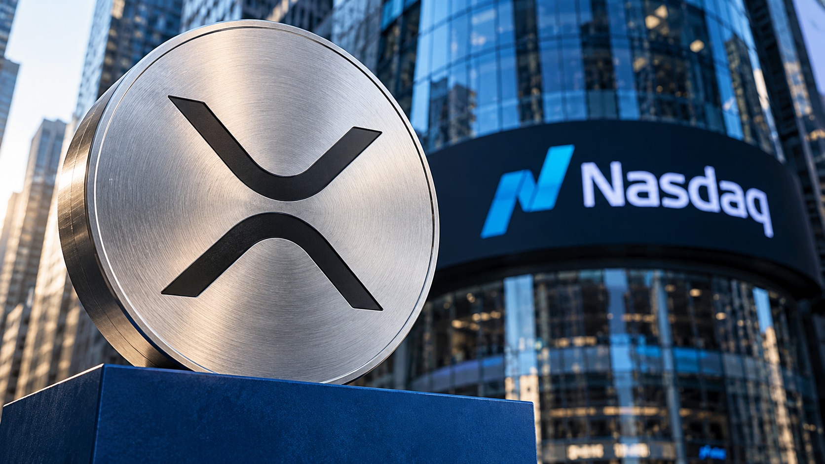 Silberne Münze mit XRP-Symbol vor dem Nasdaq MarketSite als Illustration zu Evernorths Börsendebüt.