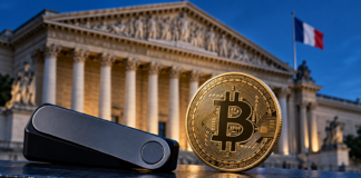 Frankreich nimmt Bitcoin-Wallets ins Visier: Meldepflicht ab 100.000 Euro geplant Hardware-Wallet und Bitcoin-Münze vor der französischen Nationalversammlung mit französischer Flagge.