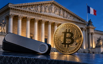 Frankreich nimmt Bitcoin-Wallets ins Visier: Meldepflicht ab 100.000 Euro geplant Hardware-Wallet und Bitcoin-Münze vor der französischen Nationalversammlung mit französischer Flagge.