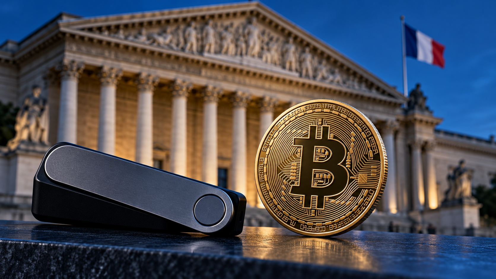 Hardware-Wallet und Bitcoin-Münze vor der französischen Nationalversammlung mit französischer Flagge.