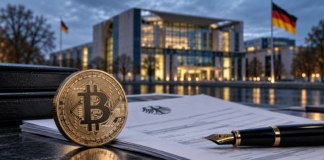 Bitcoin-Münze auf Steuerunterlagen vor einem deutschen Regierungsgebäude als Symbolbild zur geplanten Krypto-Steuerreform.