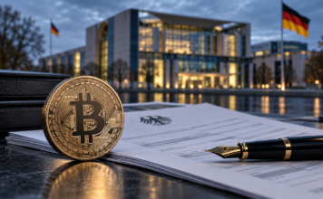 Bitcoin-Münze auf Steuerunterlagen vor einem deutschen Regierungsgebäude als Symbolbild zur geplanten Krypto-Steuerreform.