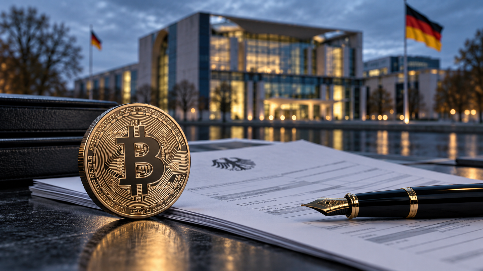 Bitcoin-Münze auf Steuerunterlagen vor einem deutschen Regierungsgebäude als Symbolbild zur geplanten Krypto-Steuerreform.