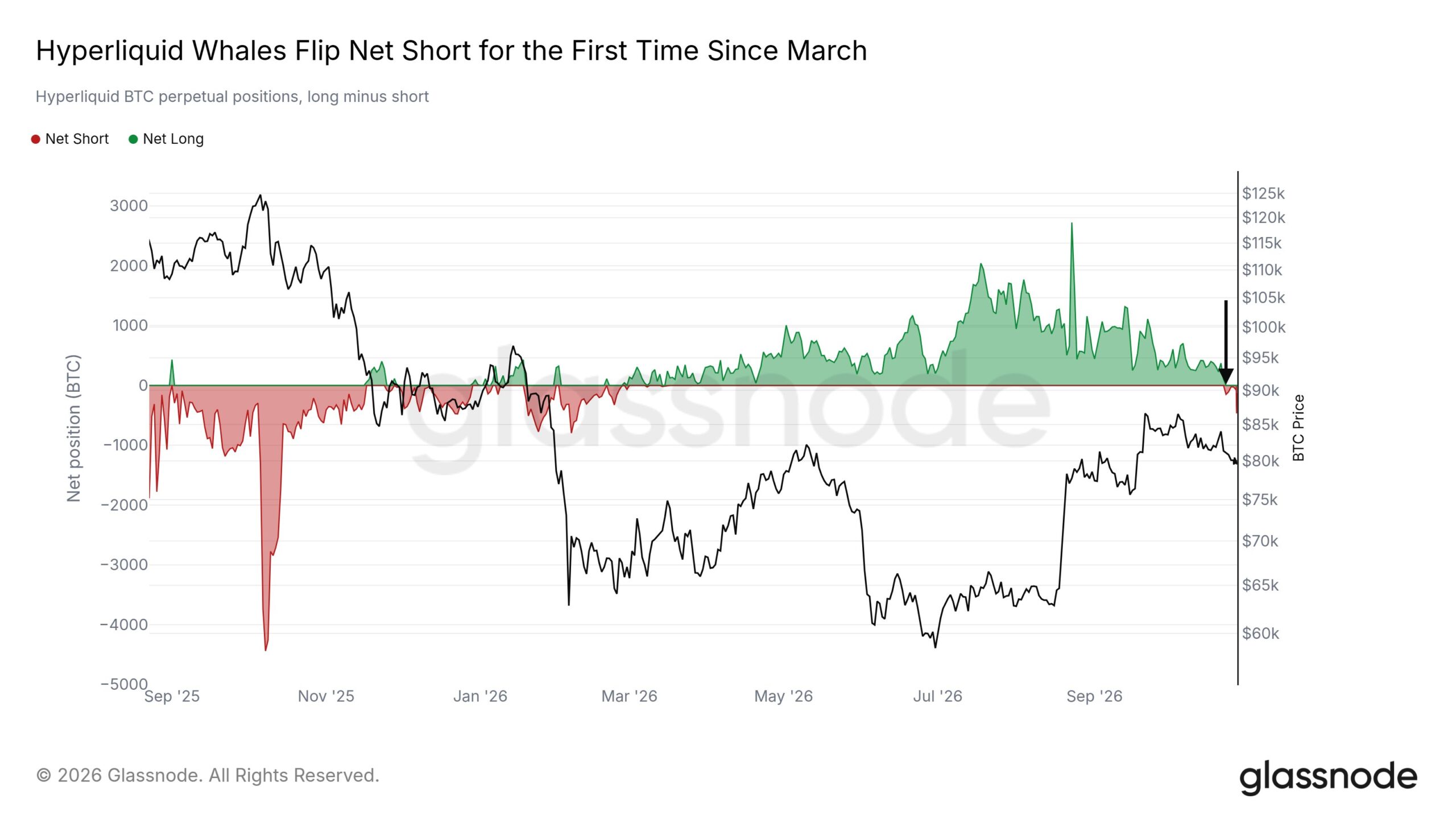 Glassnode-Chart zeigt die Bitcoin-Nettopositionierung von Hyperliquid-Walen, die im Oktober 2026 erstmals seit März ins Negative dreht.