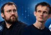 Cardano vs. Ethereum: Hoskinson attackiert Buterins Warnung vor KI-Angriffen KI-generierte Illustration von Charles Hoskinson und Vitalik Buterin mit den Logos von Cardano und Ethereum vor blauem Hintergrund.