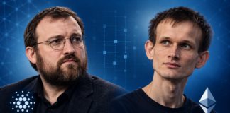 Cardano vs. Ethereum: Hoskinson attackiert Buterins Warnung vor KI-Angriffen KI-generierte Illustration von Charles Hoskinson und Vitalik Buterin mit den Logos von Cardano und Ethereum vor blauem Hintergrund.