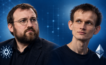 Cardano vs. Ethereum: Hoskinson attackiert Buterins Warnung vor KI-Angriffen KI-generierte Illustration von Charles Hoskinson und Vitalik Buterin mit den Logos von Cardano und Ethereum vor blauem Hintergrund.
