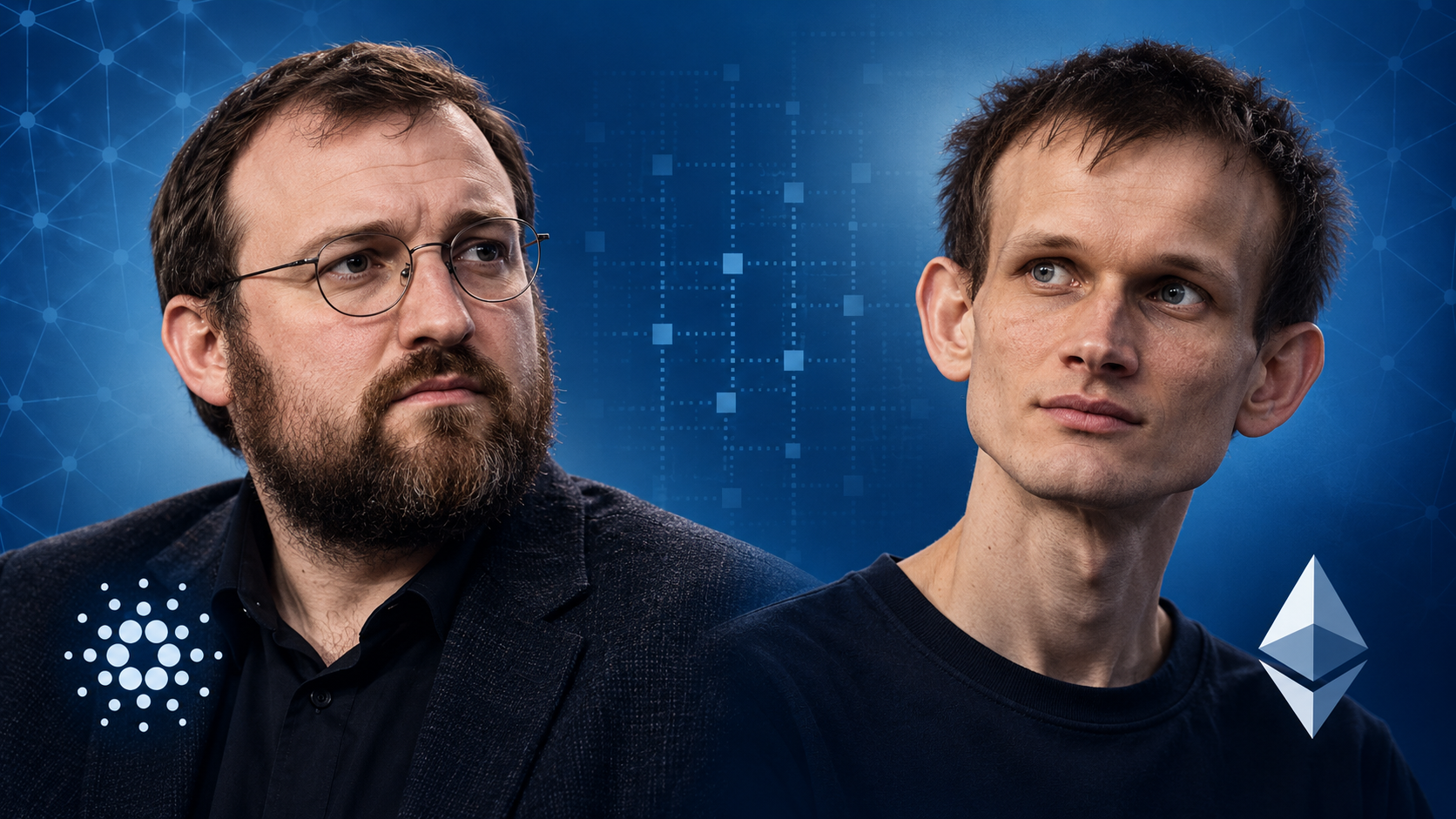 KI-generierte Illustration von Charles Hoskinson und Vitalik Buterin mit den Logos von Cardano und Ethereum vor blauem Hintergrund.