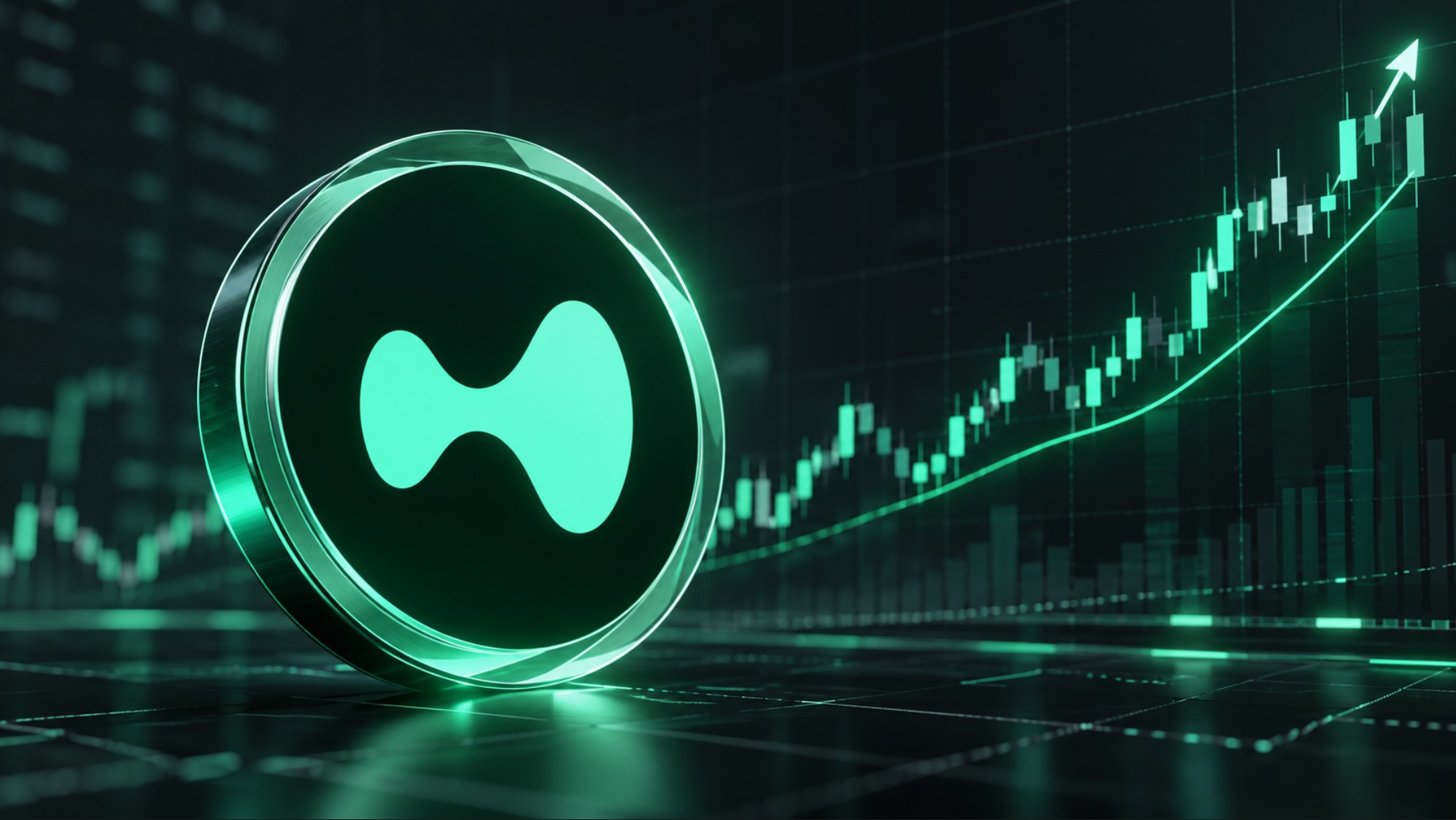 Hyperliquid-HYPE-Logo vor steigendem Kurschart als Symbol für zusätzliche Token-Rückkäufe und mögliches Kurswachstum.