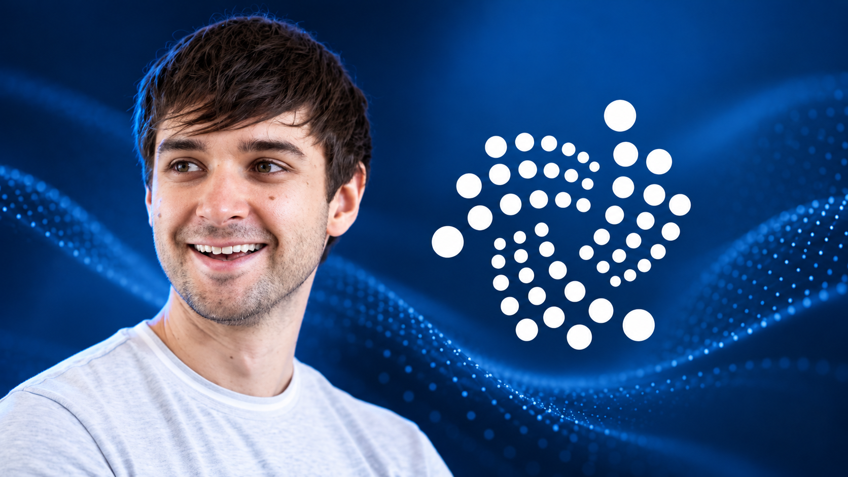 Illustration von Dominik Schiener neben dem IOTA-Logo vor blauem Hintergrund