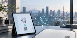 IOTA im Großeinsatz: Über 100.000 Prüfungsanmeldungen in Japan erwartet Digitales Zertifikat auf einem Tablet und Urkunde mit QR-Code auf einem Schreibtisch vor der Skyline von Tokio, ergänzt durch ein stilisiertes Blockchain-Netzwerk im Hintergrund