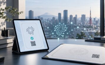 IOTA im Großeinsatz: Über 100.000 Prüfungsanmeldungen in Japan erwartet Digitales Zertifikat auf einem Tablet und Urkunde mit QR-Code auf einem Schreibtisch vor der Skyline von Tokio, ergänzt durch ein stilisiertes Blockchain-Netzwerk im Hintergrund
