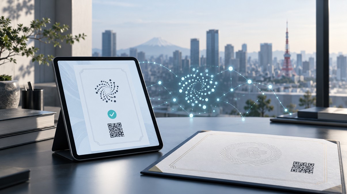 Digitales Zertifikat auf einem Tablet und Urkunde mit QR-Code auf einem Schreibtisch vor der Skyline von Tokio, ergänzt durch ein stilisiertes Blockchain-Netzwerk im Hintergrund