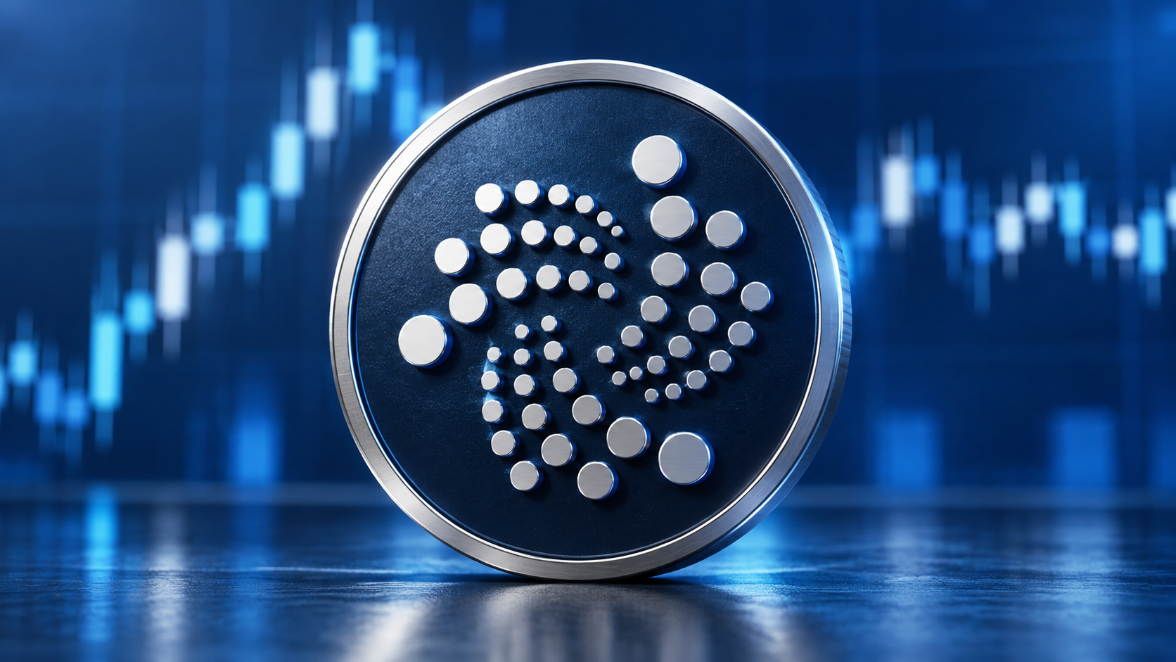 Großes IOTA-Logo auf einer dunkelblauen Münze vor einem abstrahierten Kurschart.