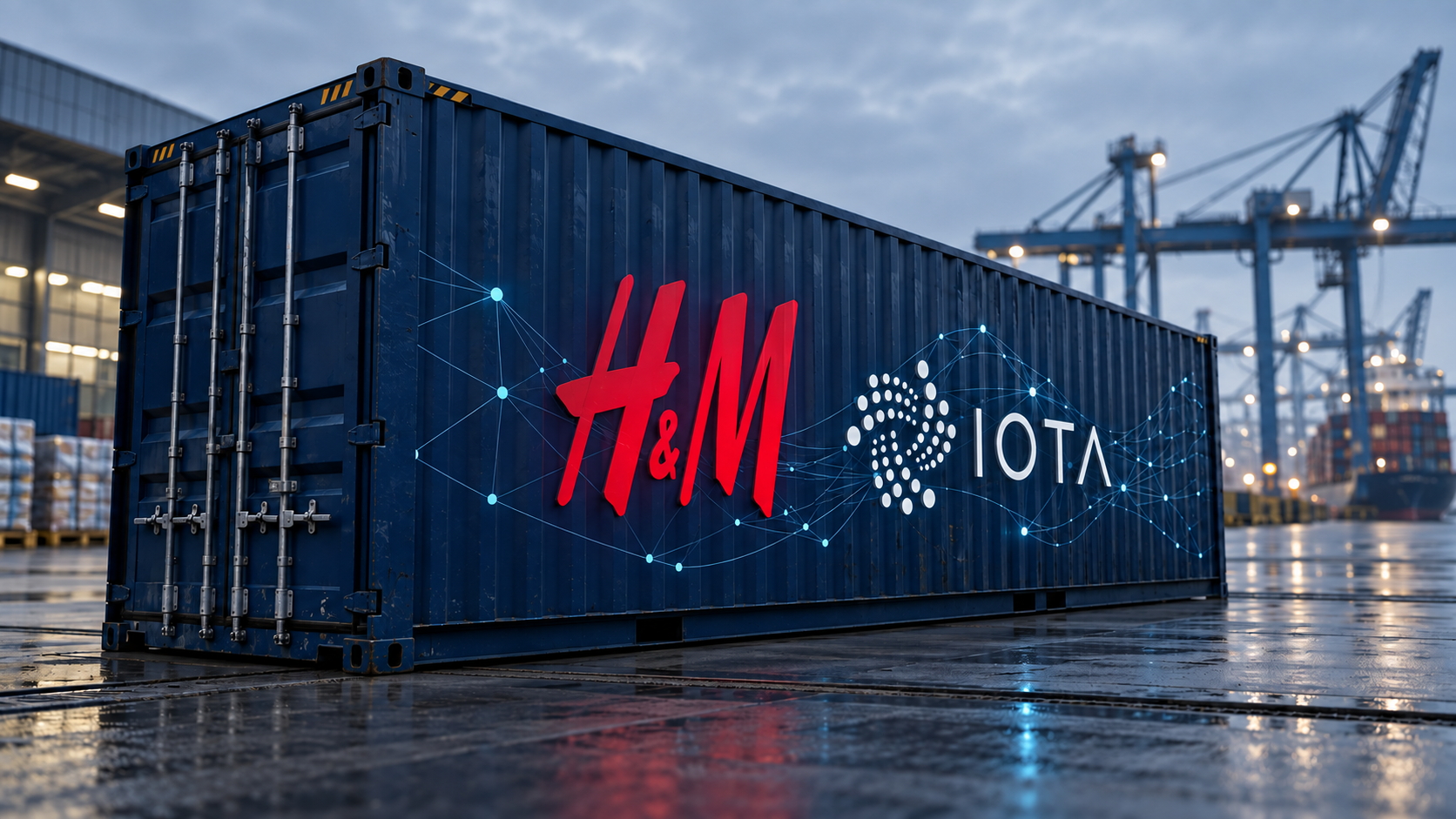Symbolischer Frachtcontainer mit H&M-Logo und digitalen Datenverbindungen in einem Logistikterminal.