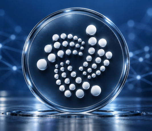 IOTA-Logo auf einer gläsernen Scheibe vor blauem Hintergrund mit Netzwerkverbindungen.